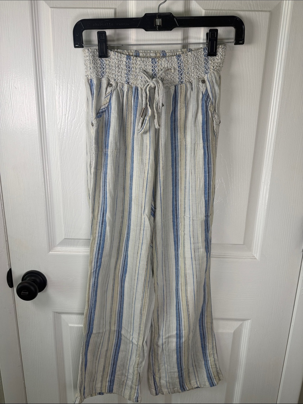 Rewash Blue and White Striped Smocked Waist Wide-Leg Pants